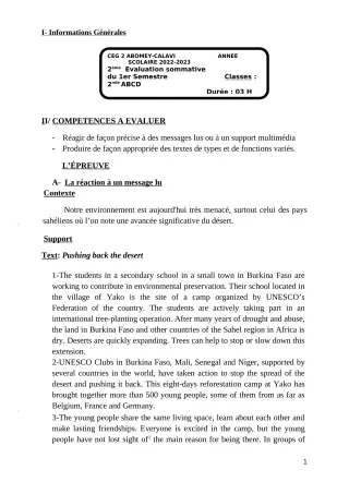 Première page de Anglais 2nde A & B — 2e évaluation sommative, 1er semestre (2022-2023) · CEG2 ABOMEY - CALAVI (CEG ZOCA)