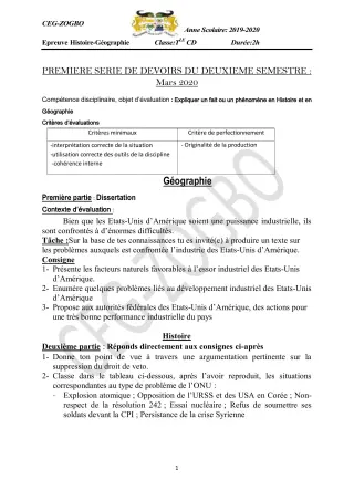 Première page de Histoire-Géographie Tle C, Tle D — 1er devoir surveillé, 2e semestre (2019-2020) · CEG ZOGBO