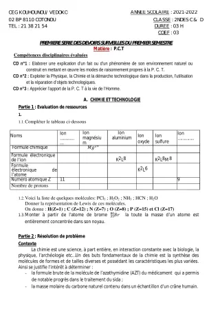 Première page de PCT 2nde C, 2nde D — 1er devoir surveillé, 1er semestre (2021-2022) · CEG Kouhounou-Vêdoko
