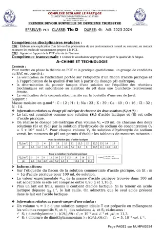 Première page de PCT Tle D — 1er devoir surveillé, 2e trimestre (2023-2024) · CPEG le Partage