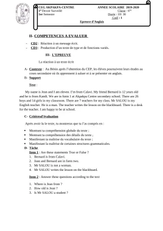 Première page de Anglais 6e — 1er devoir surveillé, 1er semestre (2019-2020) · CEG 1 Akpakpa-Centre
