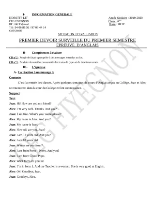 Première page de Anglais 6e — 1er devoir surveillé, 1er semestre (2019-2020) · CEG FIYEGNON