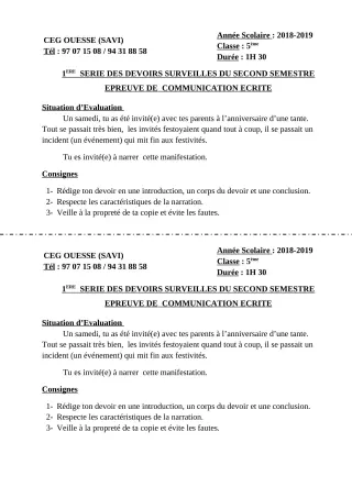 Première page de Français 5e — 1er devoir surveillé, 2e semestre (2018-2019) · Ceg OUESSE