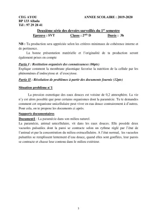 Première page de SVT 2nde D — 2e devoir surveillé, 1er semestre (2019-2020) · CEG AYOU