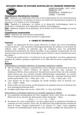 Première page de PCT Tle D — 2e devoir surveillé, 1er semestre (2023-2024) · CEG 1 Comè