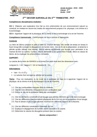 Première page de PCT 6e — 2e devoir surveillé, 2e trimestre (2019-2020) · CPEG LE PHARAON