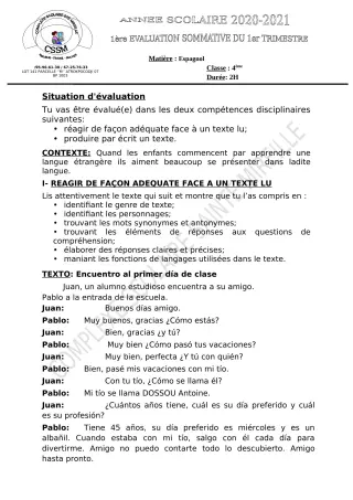Première page de Espagnol 4e, 3e, 2nde A2, 1ère A2, 1ère B, Tle A2, Tle B — 1er trimestre (2021-2022) · CPEG SAINTE MIREILLE