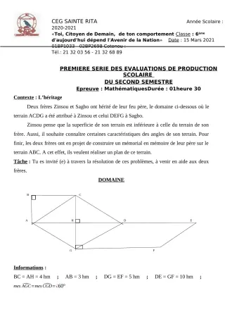Première page de Mathématiques 6e — Production scolaire, 2e semestre (2020-2021) · CEG Sainte Rita