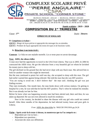 Première page de Anglais 3e, 3e ML — Composition (2019-2020) · CPEG PIERRE ANGULAIRE
