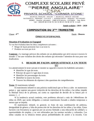 Première page de Espagnol 4e, 4e ML — Composition, 3e trimestre (2019-2020) · CPEG PIERRE ANGULAIRE