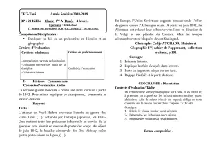 Première page de Histoire-Géographie 1ère A — 1er devoir surveillé, 2e semestre (2018-2019) · CEG TOUI
