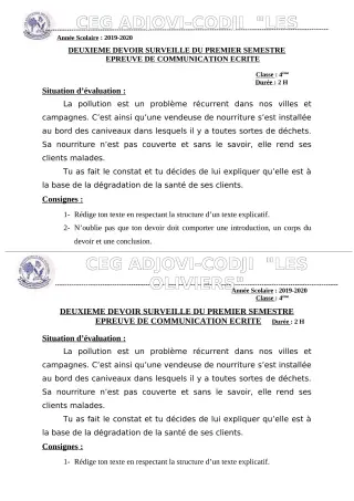 Première page de Français 4e — 2e devoir surveillé, 1er semestre (2019-2020) · CEG ADJOVICODJI 'LES OLIVIERS'