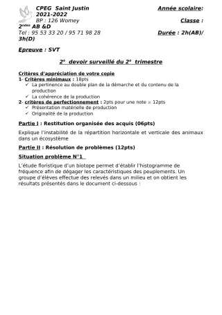 Première page de SVT 2nde A2, 2nde B, 2nde C, 2nde D, Tle D — 2e devoir surveillé, 2e trimestre (2021-2022) · CPEG SAINT Justin