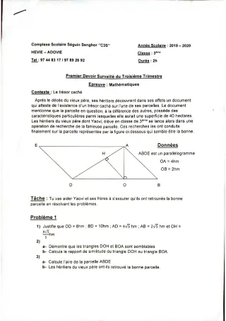 Première page de Mathématiques 3e ML — 1er devoir surveillé, 3e trimestre (2019-2020) · CPEG SEGUIN SENGHOR