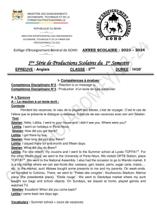 Première page de Anglais 5e — 1re production scolaire, 1er semestre (2023-2024) · CEG GOHO