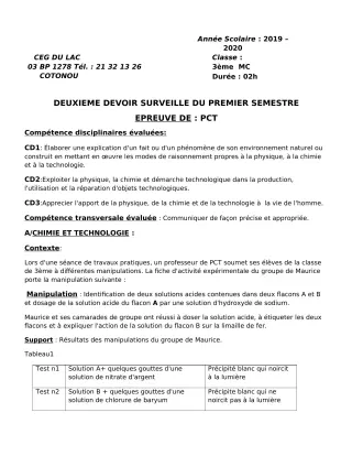Première page de PCT 3e — 2e devoir surveillé, 1er semestre (2019-2020) · CEG du Lac