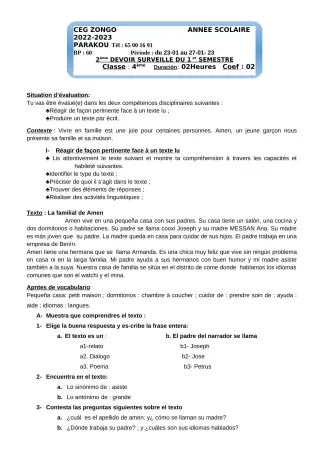 Première page de Espagnol 4e — 2e devoir surveillé, 1er semestre (2022-2023) · CEG ZONGO