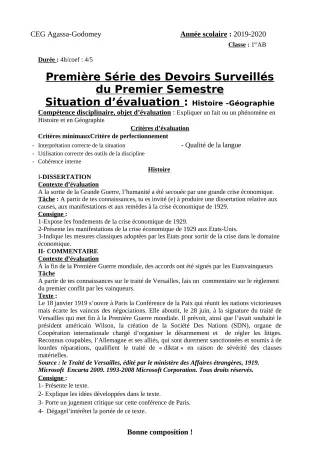 Première page de Histoire-Géographie 1ère A, 1ère B — 1er devoir surveillé, 1er semestre (2019-2020) · CEG Agassa Godomey
