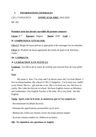 Première page de Anglais 6e — 1er devoir surveillé, 1er semestre (2019-2020) · CEG2 TANGUIETA