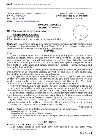 Première page de Anglais 1ère A2, 1ère B, 1ère C, 1ère D — 1er devoir surveillé, 1er trimestre (2020-2021) · CPEG LICA