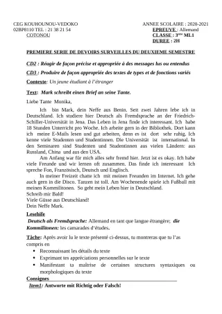 Première page de Allemand 3e ML — 1er devoir surveillé, 2e semestre (2020-2021) · CEG Kouhounou-Vêdoko