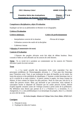 Première page de Histoire-Géographie 2nde A & B — 1re évaluation sommative, 1er semestre (2022-2023) · CEG2 ABOMEY - CALAVI (CEG ZOCA)