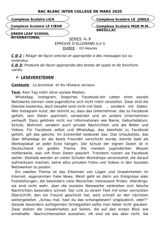Première page de Examen Blanc de ALLEMAND — Tle A2, Tle B — CPEG LICA (2019)