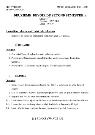 Première page de Histoire-Géographie 5e — 2e devoir surveillé, 2e semestre (2019-2020) · CEG Attogon