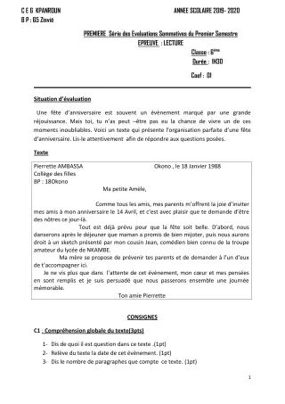 Première page de Français 6e — 1re évaluation sommative, 1er semestre (2019-2020) · CEG Kpanroun