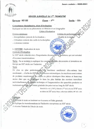 Première page de Histoire-Géographie 3e, 3e ML — 1er devoir surveillé, 1er trimestre (2020-2021) · CPEG ROSAIRE