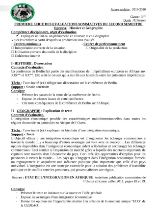Première page de Histoire-Géographie 3e, 3e ML — 1re évaluation sommative, 2e semestre (2019-2020) · CEG Lobozounkpa