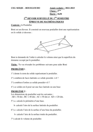 Première page de Mathématiques 5e — 1er devoir surveillé, 1er semestre (2022-2023) · CEG Sèdjè-Houègoudo