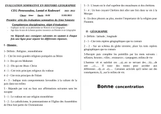 Première page de Histoire-Géographie 2nde A2, 1ère A2, Tle A2, Tle D — Évaluation sommative, 2e semestre (2021-2022) · CEG PENESSOULOU