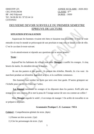 Première page de Français 6e — 2e devoir surveillé, 1er semestre (2020-2021) · CEG FIYEGNON