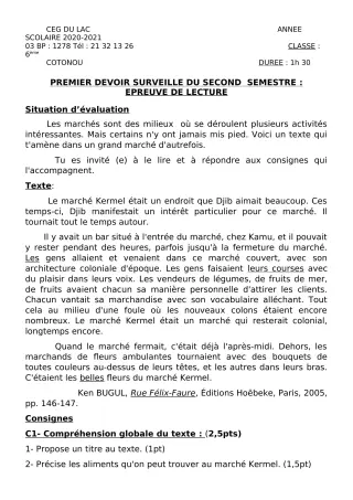 Première page de Français 6e — 1er devoir surveillé, 2e semestre (2020-2021) · CEG du Lac
