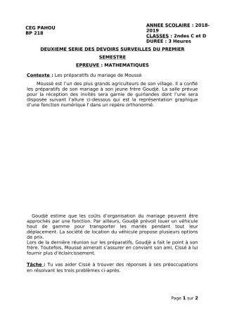 Première page de Mathématiques 2nde C, 2nde D — 2e devoir surveillé, 1er semestre (2018-2019) · CEG PAHOU