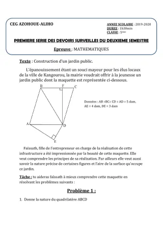 Première page de Mathématiques 5e — 1er devoir surveillé, 2e semestre (2019-2020) · CEG AZOHOUE-ALIHO