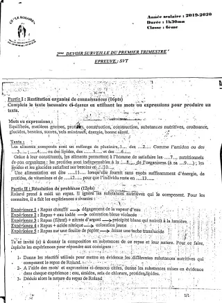 Première page de SVT 6e — 2e devoir surveillé, 1er trimestre (2019-2020) · CPEG ROSAIRE