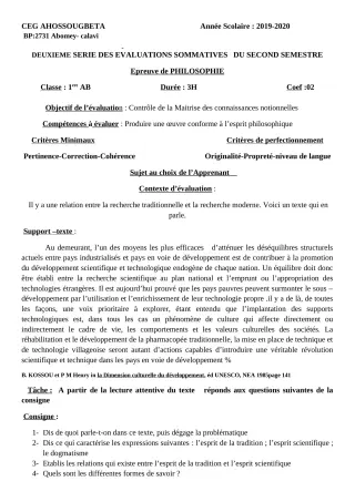 Première page de Philosophie 1ère A2, 1ère B — 2e évaluation sommative, 2e semestre (2019-2020) · CEG Ahossougbéta