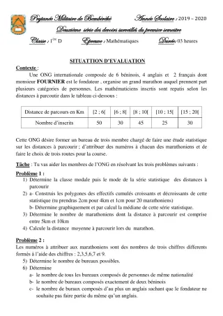 Première page de Mathématiques 1ère D — 2e devoir surveillé, 1er semestre (2019-2020) · PMB