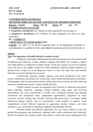 Première page de Anglais Tle A & B — 2e devoir surveillé, 1er semestre (2019-2020) · CEG AYOU