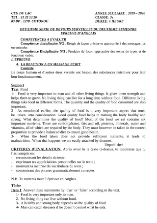 Première page de Anglais 3e ML — 2e devoir surveillé, 2e semestre (2019-2020) · CEG du Lac