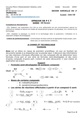 Première page de PCT 1ère C, 1ère D — Devoir surveillé, 1er trimestre (2019-2020) · CPEG LICA