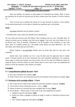 Première page de Français 6e, 5e, 4e, 4e ML, 3e, 3e ML — 2e devoir surveillé, 2e semestre (2018-2019) · CEG Hubert C. MAGA