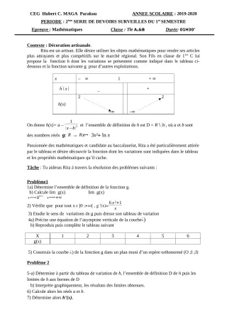 Première page de Mathématiques Tle A2, Tle B — 2e devoir surveillé, 1er semestre (2019-2020) · CEG Hubert C. MAGA