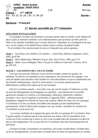 Première page de Français 1ère A1, 1ère A2, 1ère B, 1ère C, 1ère D — 1er devoir surveillé, 2e trimestre (2020-2021) · CPEG SAINT Justin