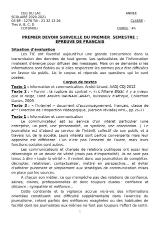 Première page de Français Tle A2, Tle B, Tle C, Tle D — 1er devoir surveillé, 1er semestre (2020-2021) · CEG du Lac
