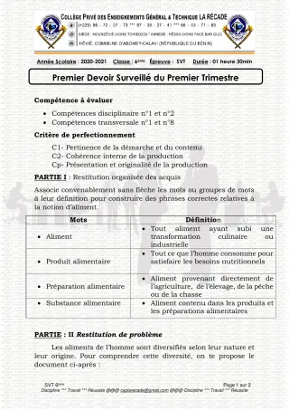 Première page de SVT 3e — 1er devoir surveillé, 1er trimestre (2020-2021) · CPEG LA RECADE