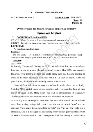 Première page de Anglais 3e — 1er devoir surveillé, 1er semestre (2018-2019) · CEG Agassa Godomey