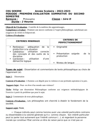 Première page de Philosophie 1ère D — 1re évaluation sommative, 2e semestre (2022-2023) · CEG SEKERE